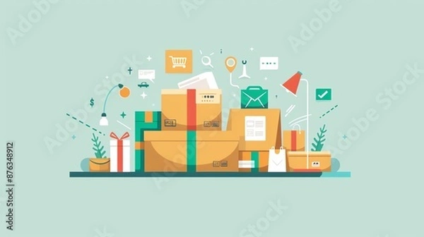 Fototapeta Flat design illustration of multiple cardboard boxes with shipping and delivery icons.