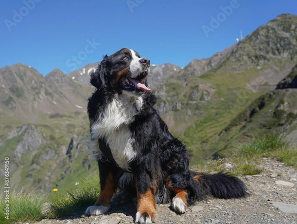 Fototapeta Hiking in the Pyrenees with Bernese Mountain Dog 