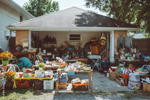 Fototapeta Suburban garage sale full of tools and vintage finds