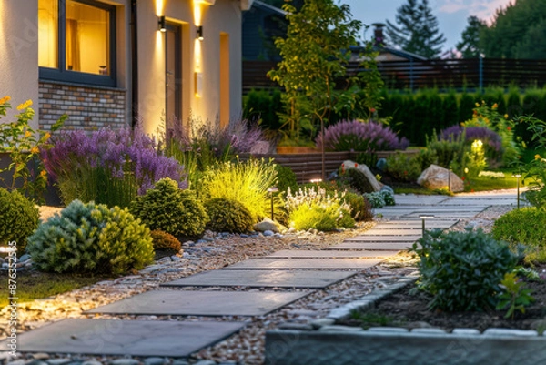 Fototapeta Modern house exterior at dusk with illuminated pathway