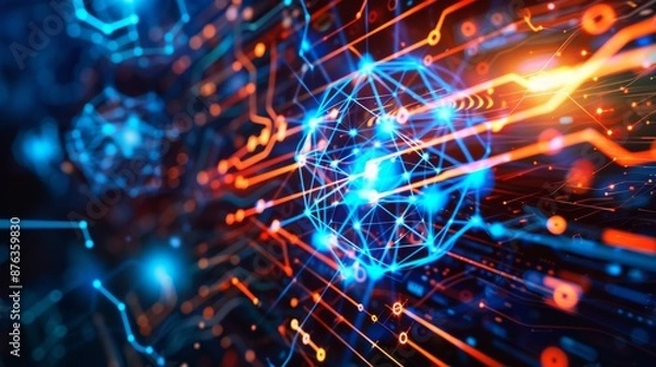 Fototapeta Futuristic science tech concept: graphic of atom structure integrated with electronic pattern.