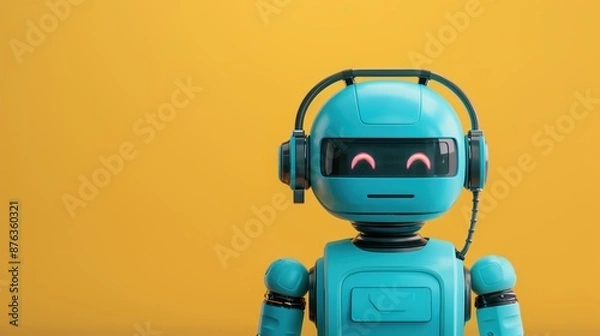 Fototapeta A blue robot with headphones and a friendly expression on a yellow background.