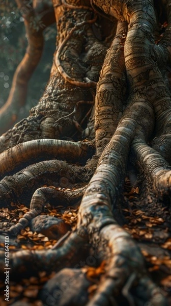 Fototapeta A detailed close-up of the roots and trunk of an ancient Bodhi tree, emphasizing its strength and history. Bodhi Day selebration