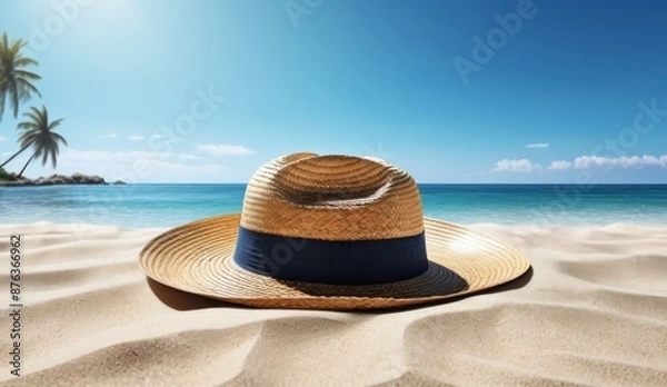 Fototapeta Straw hat lying on a tropical sandy beach