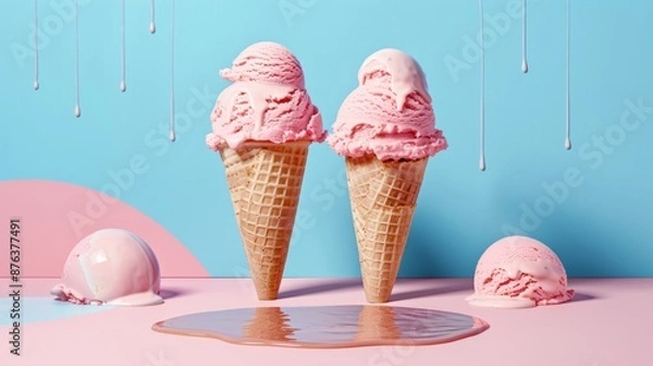 Obraz Pink Ice Cream Cones on Colorful Background