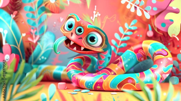 Fototapeta Colorful digital illustration featuring playful cartoon snake in vibrant jungle environment with lush plants and whimsical elements. perfect for use in childfriendly prints, posters, and animations.