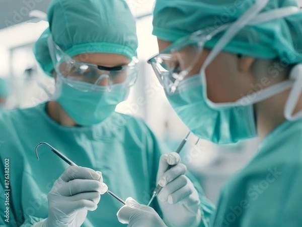 Obraz Surgeon using precise tools, realistic, welllit, sterile environment