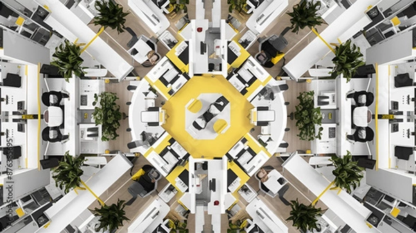 Fototapeta Yellow and White open space office interior with city view, daylight, furniture and equipment. 3D Rendering