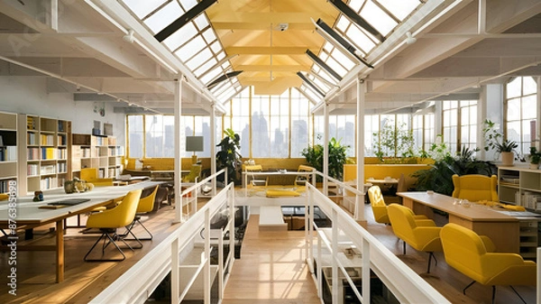Fototapeta Yellow and White open space office interior with city view, daylight, furniture and equipment. 3D Rendering