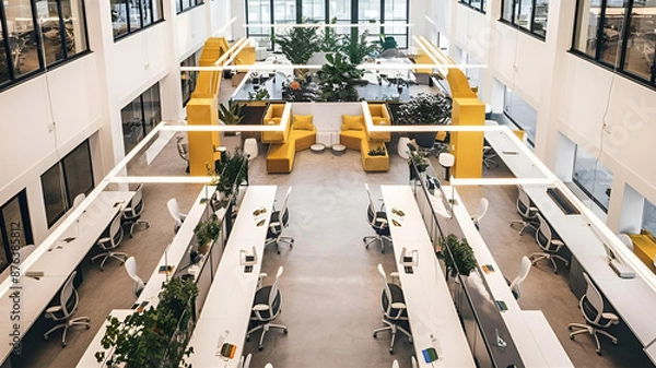 Fototapeta Yellow and White open space office interior with city view, daylight, furniture and equipment. 3D Rendering