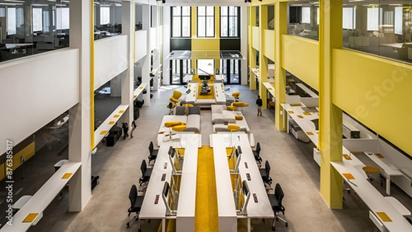 Fototapeta Yellow and White open space office interior with city view, daylight, furniture and equipment. 3D Rendering