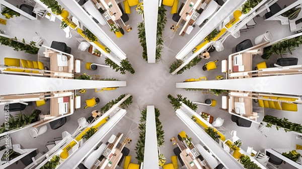Fototapeta Yellow and White open space office interior with city view, daylight, furniture and equipment. 3D Rendering