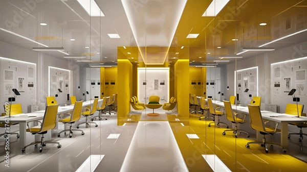 Fototapeta Yellow and White open space office interior with city view, daylight, furniture and equipment. 3D Rendering