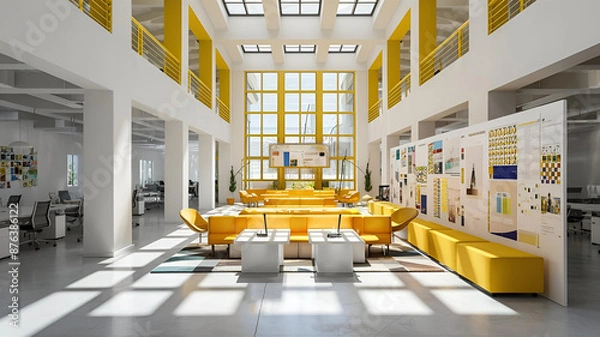 Fototapeta Yellow and White open space office interior with city view, daylight, furniture and equipment. 3D Rendering