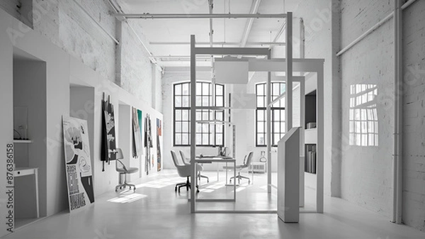 Fototapeta Yellow and White open space office interior with city view, daylight, furniture and equipment. 3D Rendering