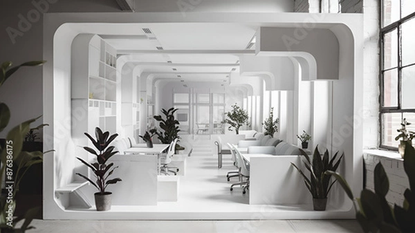 Fototapeta Yellow and White open space office interior with city view, daylight, furniture and equipment. 3D Rendering