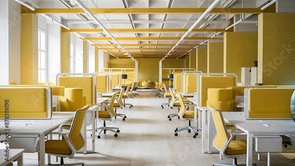 Fototapeta Yellow and White open space office interior with city view, daylight, furniture and equipment. 3D Rendering