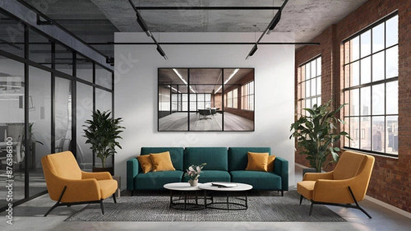Fototapeta Yellow and White open space office interior with city view, daylight, furniture and equipment. 3D Rendering