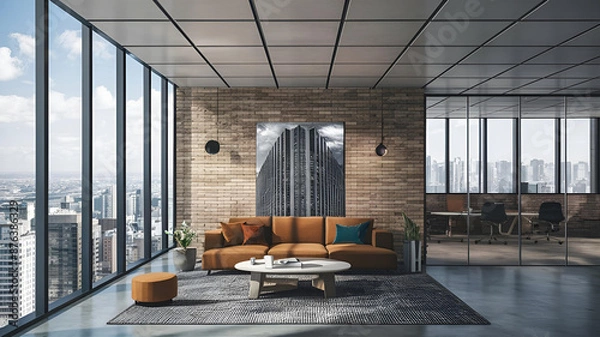 Fototapeta Yellow and White open space office interior with city view, daylight, furniture and equipment. 3D Rendering