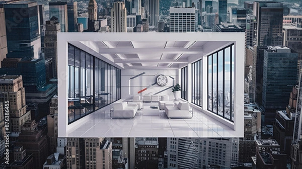 Fototapeta Yellow and White open space office interior with city view, daylight, furniture and equipment. 3D Rendering