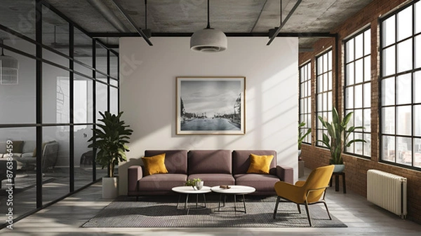 Fototapeta Yellow and White open space office interior with city view, daylight, furniture and equipment. 3D Rendering