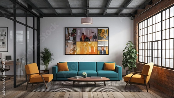 Fototapeta Yellow and White open space office interior with city view, daylight, furniture and equipment. 3D Rendering