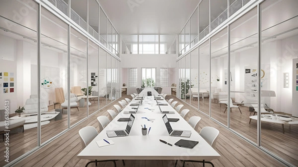 Fototapeta Yellow and White open space office interior with city view, daylight, furniture and equipment. 3D Rendering