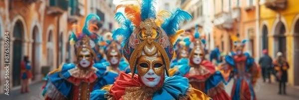 Fototapeta Actors in bright costumes and masks performing in urban street setting with colorful buildings in the background