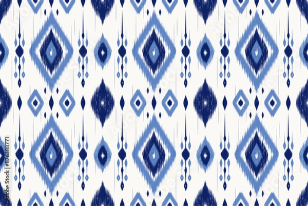 Fototapeta Blue ikat vector pattern in tribal style, ideal for textiles, boho packaging, and ethnic-inspired design projects.