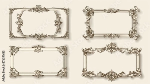 Fototapeta Set of four elegant vintage frames with corner decorations exclusive rectangle vignettes hand drawn design elements for various uses