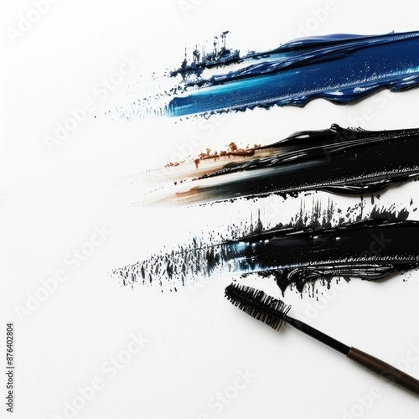 Fototapeta Top view black, blue and brown mascara on white background, empty space.