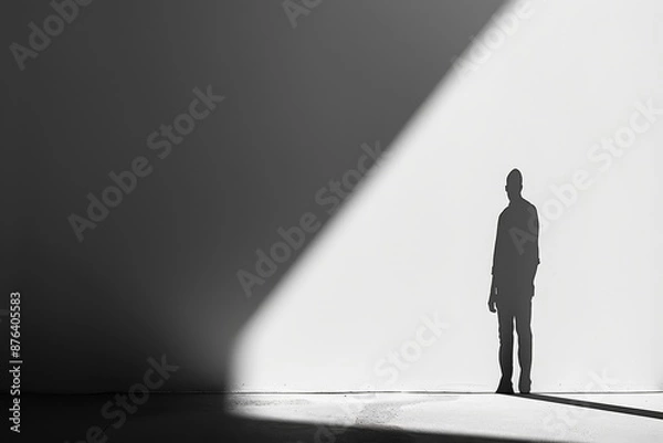 Fototapeta Man's silhouette cast on a textured wall with shadows of branches, concept of solitude, contemplation, and mystery