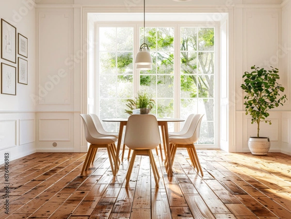 Fototapeta A large open room with a wooden floor and a white table with four white chairs around it. A potted plant is on the table. The room has a clean and simple design, giving off a calm
