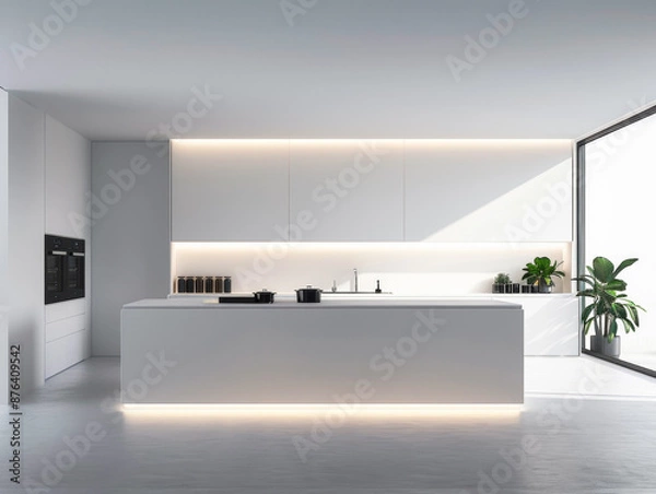 Fototapeta A kitchen with white cabinets and a white countertop. The countertop has a potted plant on it