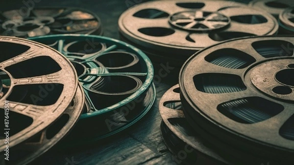 Fototapeta Vintage film reels in a nostalgic, retro-inspired setting