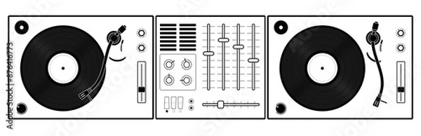 Fototapeta Disc jockey illustration on transparent background. Two turntables with records and mixing board. Use as design element for notices, announcements, posters, flyers, handbills, stationery, websites & 
