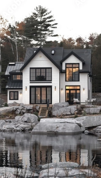 Fototapeta Modern house with white walls, wood paneling, and large panoramic windows overlooking forest
