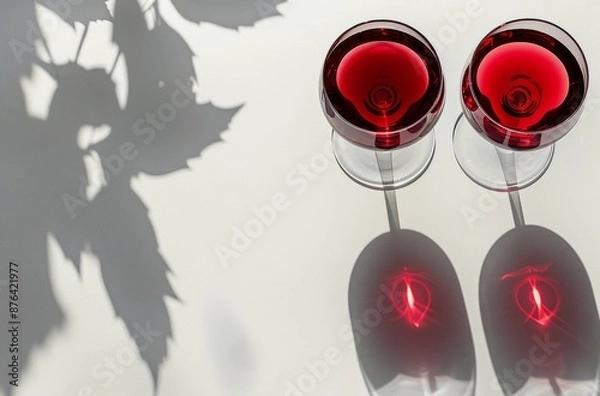 Fototapeta Two Glasses of Red Wine With Leaf Shadows on a White Surface