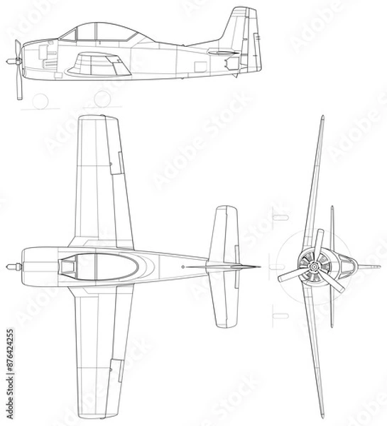 Fototapeta Fighter Jet, plane, Aircraft, 3 side view, blueprints, svg cut file, cnc cut file, engraving file, CNC router file, laser cutting, Cricut File, isolated, Engraving model