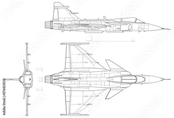Fototapeta Fighter jet planes 3 view, blueprints, svg cut file, cnc cut file, engraving file, CNC router file, laser cutting, Cricut File, isolated, Engraving model