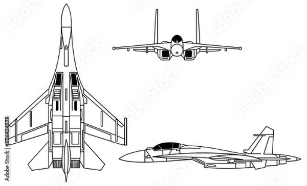 Fototapeta Fighter jet planes 3 view, blueprints, svg cut file, cnc cut file, engraving file, CNC router file, laser cutting, Cricut File, isolated, Engraving model
