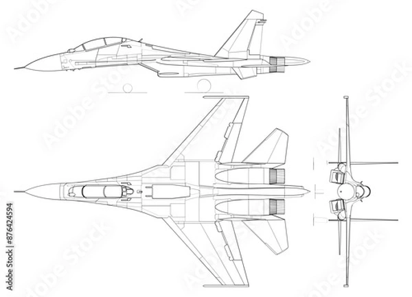 Obraz Fighter jet planes 3 view, blueprints, svg cut file, cnc cut file, engraving file, CNC router file, laser cutting, Cricut File, isolated, Engraving model