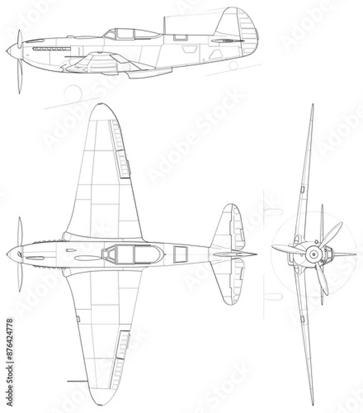Fototapeta Fighter jet planes 3 view, blueprints, svg cut file, cnc cut file, engraving file, CNC router file, laser cutting, Cricut File, isolated, Engraving model