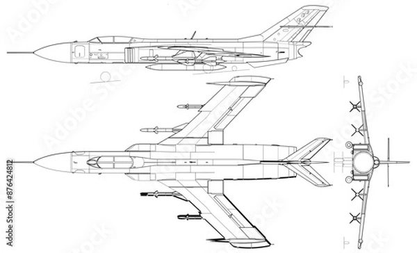 Fototapeta Fighter jet planes 3 view, blueprints, svg cut file, cnc cut file, engraving file, CNC router file, laser cutting, Cricut File, isolated, Engraving model
