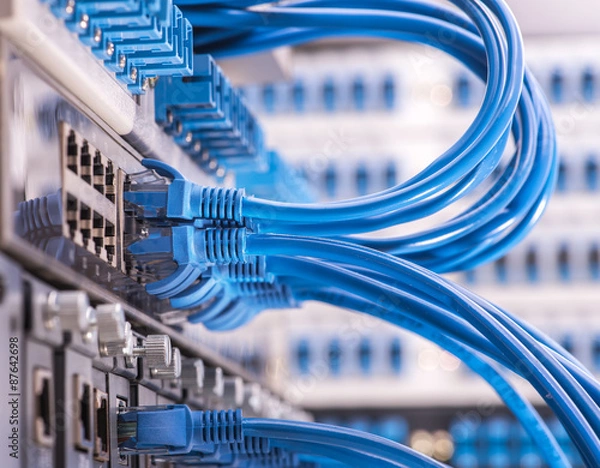 Fototapeta Przełącznik sieciowy i kable Ethernet, koncepcja centrum danych.