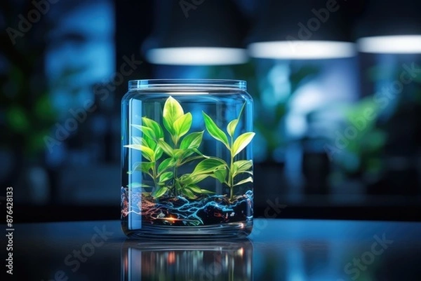 Obraz Glass florarium with green plants in it. 3d rendering