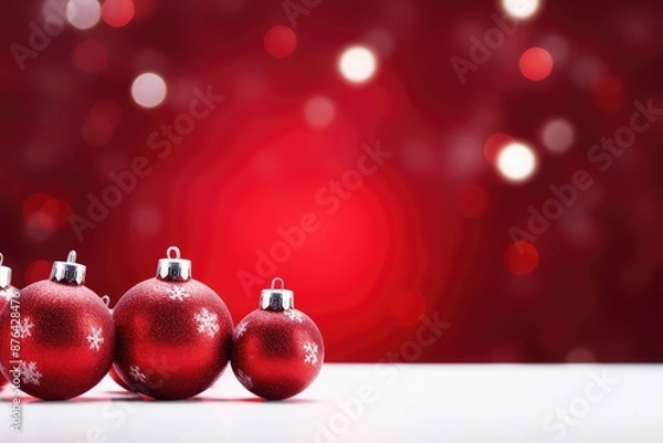 Obraz Christmas background with red baubles and bokeh lights.