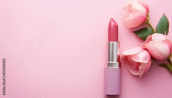 Obraz Lipstick and pink tulips on pink background, flat lay