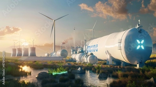 Fototapeta Hydrogen pipeline and wind turbines in the background showcasing green hydrogen production concept for renewable energy