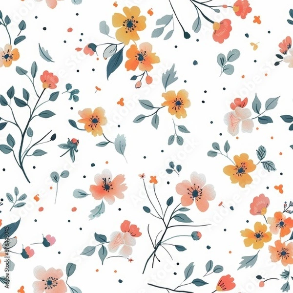 Fototapeta Seamless pattern of a nice drawn wild flowers and leaves. Cute vintage pattern, white background